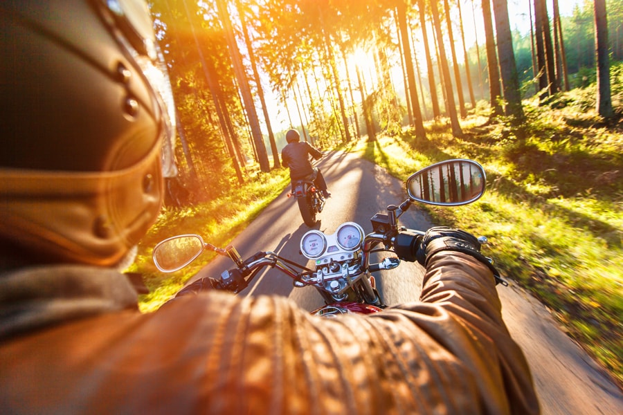 Zwei Motorradfahrer auf einer Waldstrae